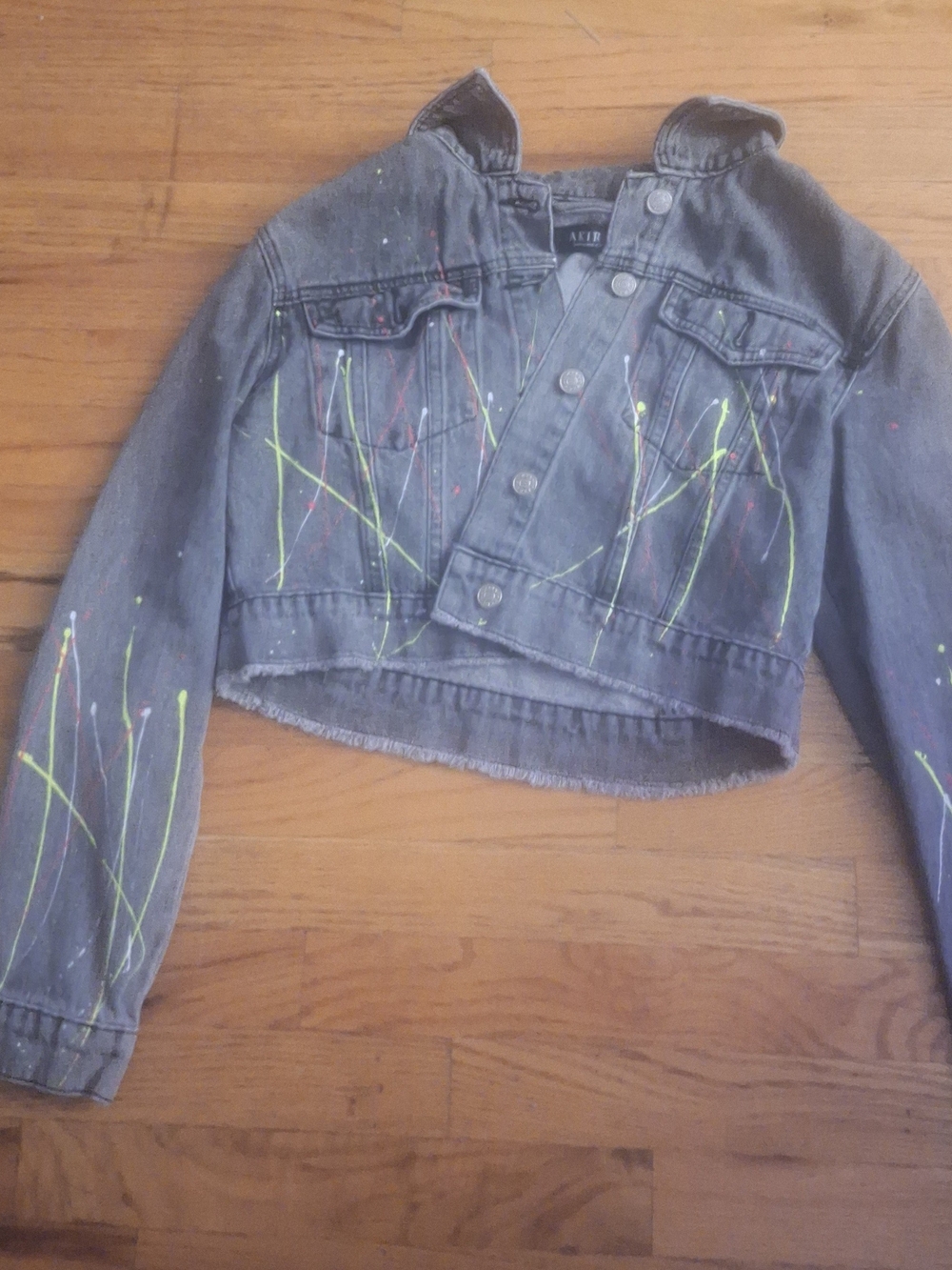 AKIRA Gray Cropped Denim Jacket with Neon Paint Splatter